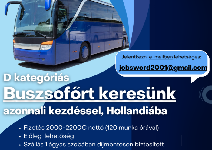 D kategóriás Buszsofőrt keresünk azonnali kezdéssel, Hollandiába