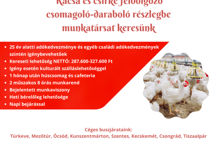 Kacsa és csirke feldolgozó csomagoló-daraboló részlegbe munkatársat keresünk