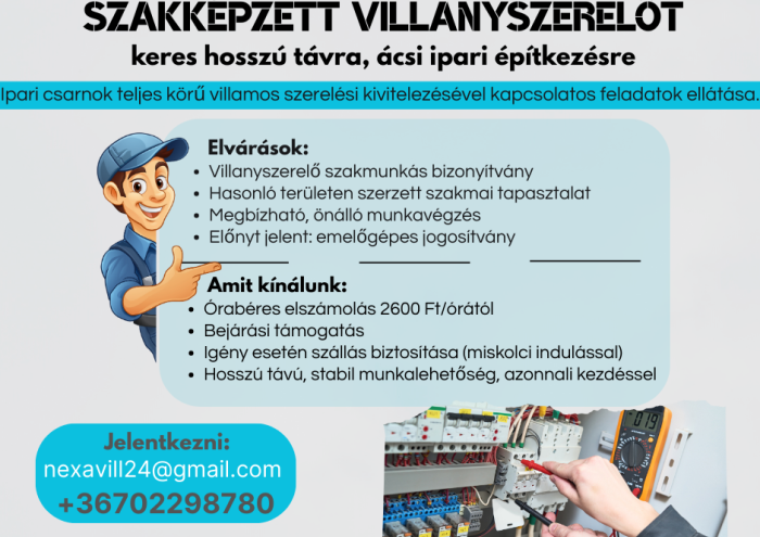 Szakképzett villanyszerelőt keresünk