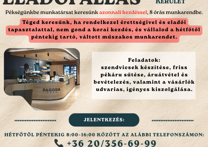 Eladót keresünk pékségünkbe